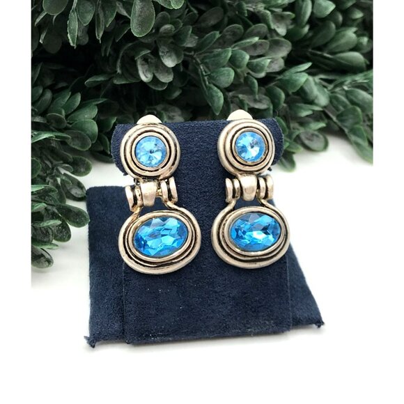 Vintage Silver-Tone Clip-On Earrings With Blue Faceted Glass Stones - Picture 1 of 5